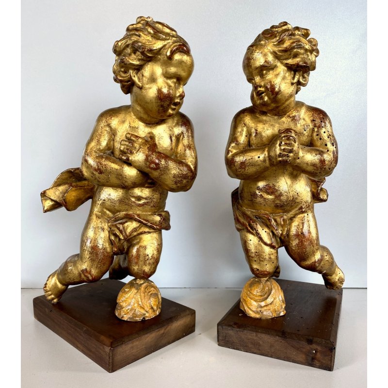ANTICA COPPIA PUTTO DORATO LEGNO SCOLPITO GESSATO FOGLIA ORO 28 cm/h XIX sec