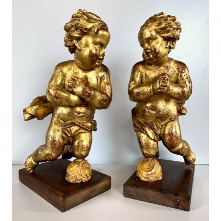 ANTICA COPPIA PUTTO DORATO LEGNO SCOLPITO GESSATO FOGLIA ORO 28 cm/h XIX sec