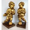 ANTICA COPPIA PUTTO DORATO LEGNO SCOLPITO GESSATO FOGLIA ORO 28 cm/h XIX sec