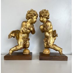 ANTICA COPPIA PUTTO DORATO LEGNO SCOLPITO GESSATO FOGLIA ORO 28 cm/h XIX sec
