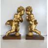 ANTICA COPPIA PUTTO DORATO LEGNO SCOLPITO GESSATO FOGLIA ORO 28 cm/h XIX sec