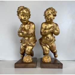 ANTICA COPPIA PUTTO DORATO LEGNO SCOLPITO GESSATO FOGLIA ORO 28 cm/h XIX sec