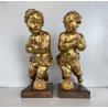 ANTICA COPPIA PUTTO DORATO LEGNO SCOLPITO GESSATO FOGLIA ORO 28 cm/h XIX sec