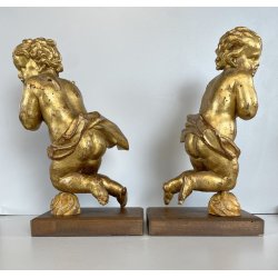 ANTICA COPPIA PUTTO DORATO LEGNO SCOLPITO GESSATO FOGLIA ORO 28 cm/h XIX sec