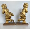 ANTICA COPPIA PUTTO DORATO LEGNO SCOLPITO GESSATO FOGLIA ORO 28 cm/h XIX sec