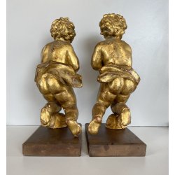 ANTICA COPPIA PUTTO DORATO LEGNO SCOLPITO GESSATO FOGLIA ORO 28 cm/h XIX sec