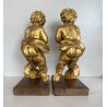 ANTICA COPPIA PUTTO DORATO LEGNO SCOLPITO GESSATO FOGLIA ORO 28 cm/h XIX sec