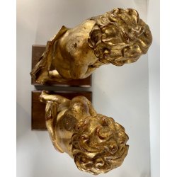 ANTICA COPPIA PUTTO DORATO LEGNO SCOLPITO GESSATO FOGLIA ORO 28 cm/h XIX sec