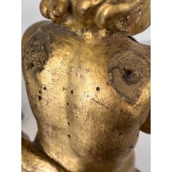 ANTICA COPPIA PUTTO DORATO LEGNO SCOLPITO GESSATO FOGLIA ORO 28 cm/h XIX sec
