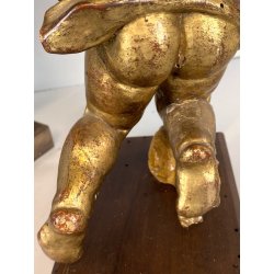 ANTICA COPPIA PUTTO DORATO LEGNO SCOLPITO GESSATO FOGLIA ORO 28 cm/h XIX sec