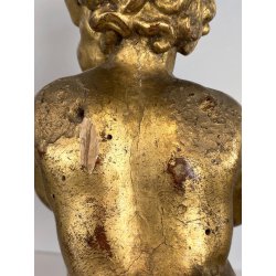 ANTICA COPPIA PUTTO DORATO LEGNO SCOLPITO GESSATO FOGLIA ORO 28 cm/h XIX sec