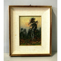 QUADRO DIPINTO OLIO TAVOLA Artino Giroldi PAESAGGIO BETULLA CREPUSCOLO '900