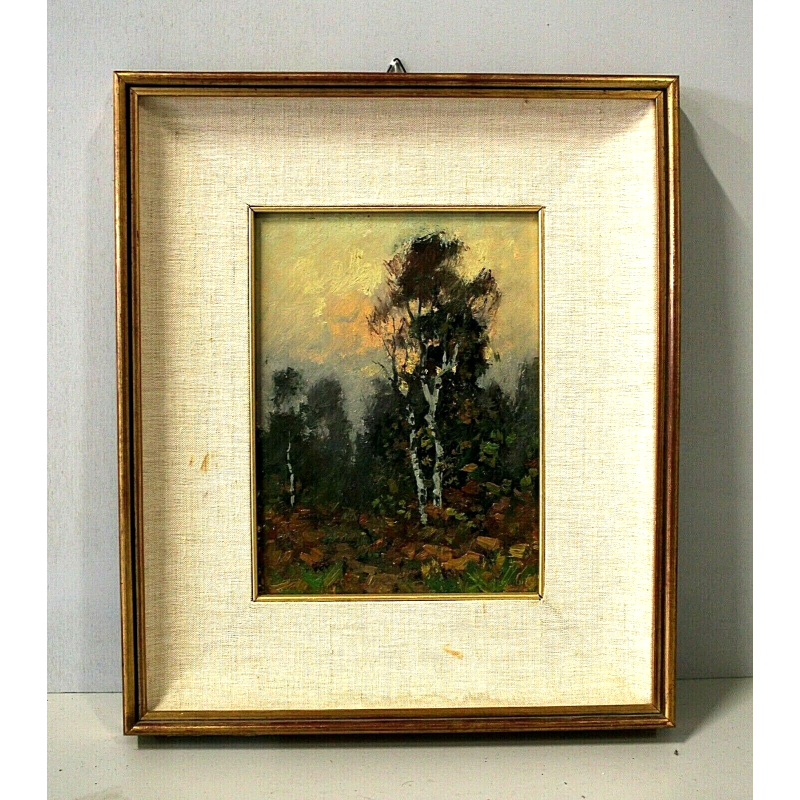 QUADRO DIPINTO OLIO TAVOLA Artino Giroldi PAESAGGIO BETULLA CREPUSCOLO '900