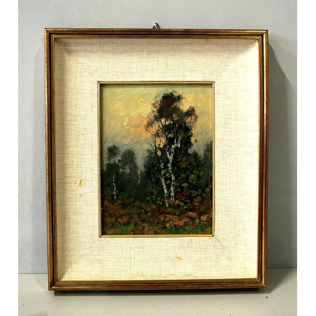 QUADRO DIPINTO OLIO TAVOLA Artino Giroldi PAESAGGIO BETULLA CREPUSCOLO '900