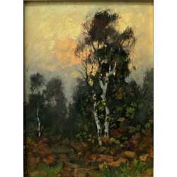 QUADRO DIPINTO OLIO TAVOLA Artino Giroldi PAESAGGIO BETULLA CREPUSCOLO '900