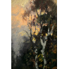 QUADRO DIPINTO OLIO TAVOLA Artino Giroldi PAESAGGIO BETULLA CREPUSCOLO '900