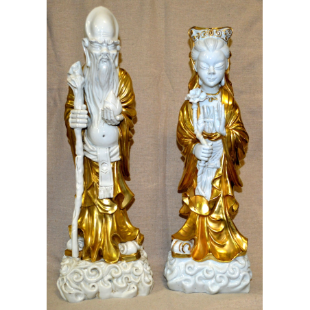 GRANDE COPPIA STATUE CINESI BUDDISTE DIO SHOULAO QUAN YIN porcellana SCULTURA 