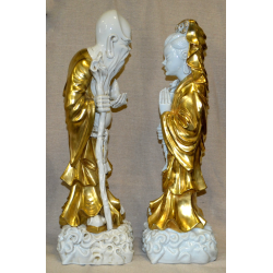 GRANDE COPPIA STATUE CINESI BUDDISTE DIO SHOULAO QUAN YIN porcellana SCULTURA 