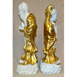 GRANDE COPPIA STATUE CINESI BUDDISTE DIO SHOULAO QUAN YIN porcellana SCULTURA 