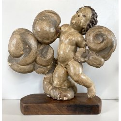 ANTICO PUTTO NUVOLE VOLUTE LEGNO SCOLPITO GESSATO DIPINTO 32cm/h XVII sec. USURA