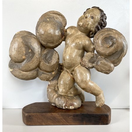 ANTICO PUTTO NUVOLE VOLUTE LEGNO SCOLPITO GESSATO DIPINTO 32cm/h XVII sec. USURA