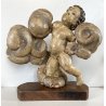 ANTICO PUTTO NUVOLE VOLUTE LEGNO SCOLPITO GESSATO DIPINTO 32cm/h XVII sec. USURA