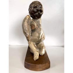 ANTICO PUTTO NUVOLE VOLUTE LEGNO SCOLPITO GESSATO DIPINTO 32cm/h XVII sec. USURA