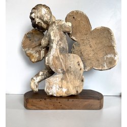ANTICO PUTTO NUVOLE VOLUTE LEGNO SCOLPITO GESSATO DIPINTO 32cm/h XVII sec. USURA