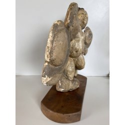 ANTICO PUTTO NUVOLE VOLUTE LEGNO SCOLPITO GESSATO DIPINTO 32cm/h XVII sec. USURA