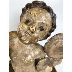 ANTICO PUTTO NUVOLE VOLUTE LEGNO SCOLPITO GESSATO DIPINTO 32cm/h XVII sec. USURA