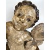 ANTICO PUTTO NUVOLE VOLUTE LEGNO SCOLPITO GESSATO DIPINTO 32cm/h XVII sec. USURA