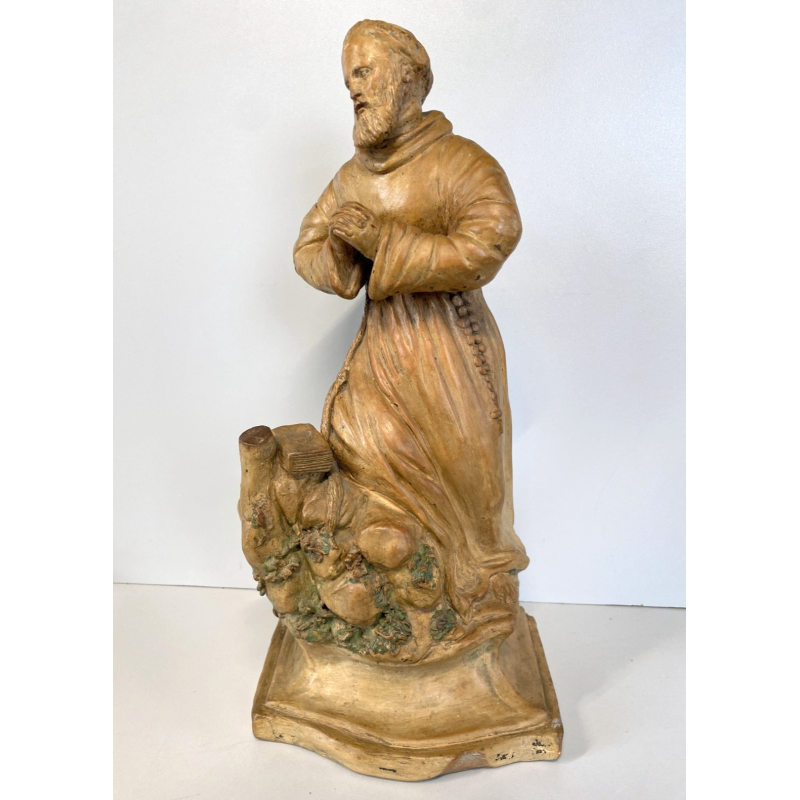 SCULTURA TERRACOTTA San Francesco D'Assisi PREGHIERA STATUA DEVOZIONALE 37cm/h