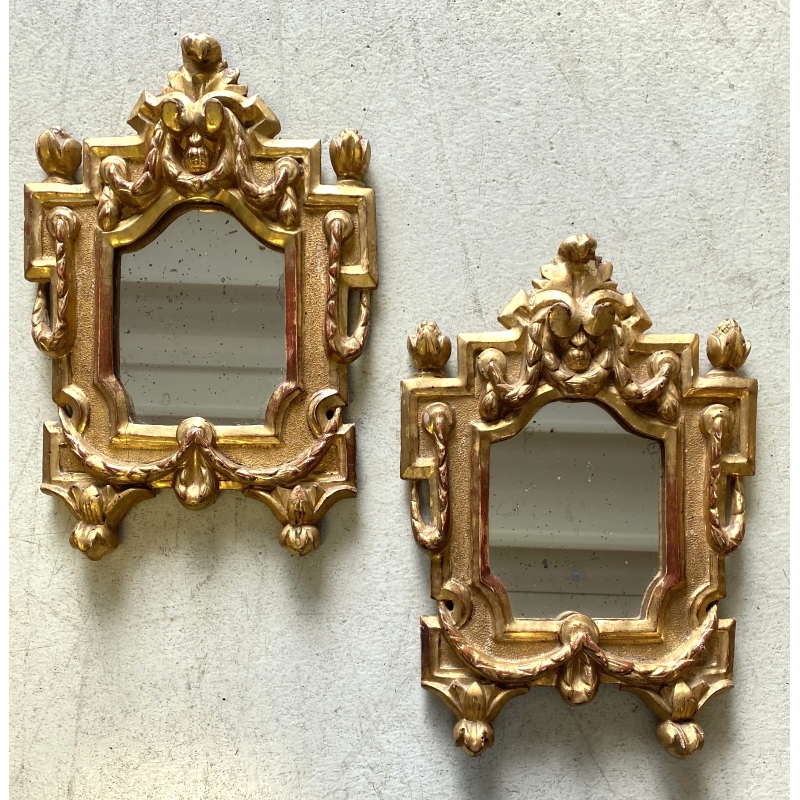 COPPIA ANTICO SPECCHIO CORNICE LEGNO CARTAGLORIA SCOLPITO DORATO FOGLIA ORO '800