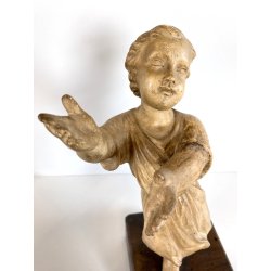 ANTICA SCULTURA TERRACOTTA GESU' BAMBINO BENEDICENTE BASE LEGNO MANCANZE '700