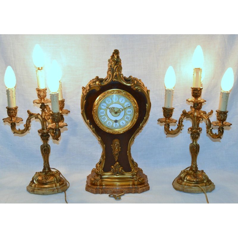 ANTICO TRITTICO Orologio Parigina 2 CANDELABRO epoca 1900 Bronzo Oro MARMO Old