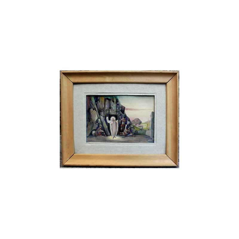 ANTICO QUADRO ACQUERELLO Carlo Bini RELIGIOSO RESURREZIONE GESU SANTO SEPOLCRO  