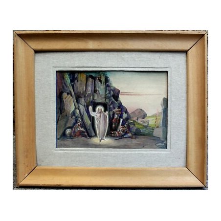 ANTICO QUADRO ACQUERELLO Carlo Bini RELIGIOSO RESURREZIONE GESU SANTO SEPOLCRO  