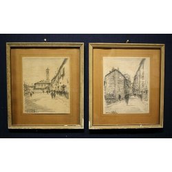 COPPIA ANTICHI QUADRI Gentile Bernardo DISEGNI MATITA PAESAGGI BORGO CITTA' 1955