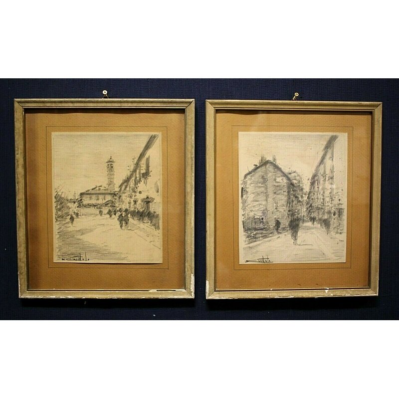 COPPIA ANTICHI QUADRI Gentile Bernardo DISEGNI MATITA PAESAGGI BORGO CITTA' 1955