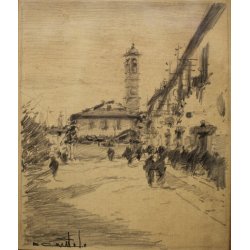 COPPIA ANTICHI QUADRI Gentile Bernardo DISEGNI MATITA PAESAGGI BORGO CITTA' 1955