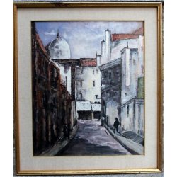 ANTICO QUADRO DIPINTO ACRILICO TAVOLA VEDUTA PAESAGGIO STRADA CITTA' GRIGIO 1900