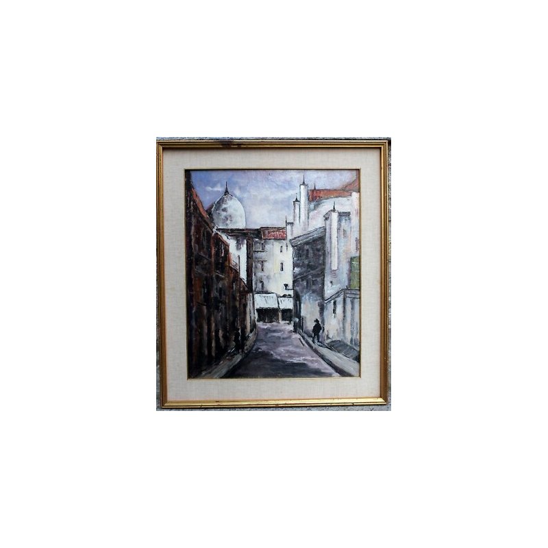 ANTICO QUADRO DIPINTO ACRILICO TAVOLA VEDUTA PAESAGGIO STRADA CITTA' GRIGIO 1900
