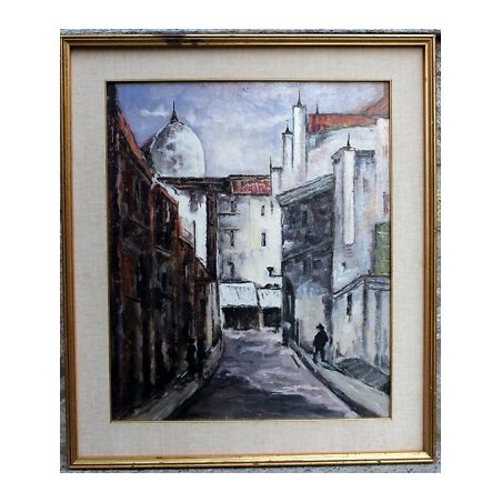 ANTICO QUADRO DIPINTO ACRILICO TAVOLA VEDUTA PAESAGGIO STRADA CITTA' GRIGIO 1900