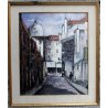 ANTICO QUADRO DIPINTO ACRILICO TAVOLA VEDUTA PAESAGGIO STRADA CITTA' GRIGIO 1900