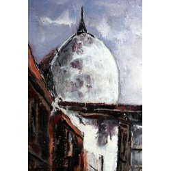 ANTICO QUADRO DIPINTO ACRILICO TAVOLA VEDUTA PAESAGGIO STRADA CITTA' GRIGIO 1900