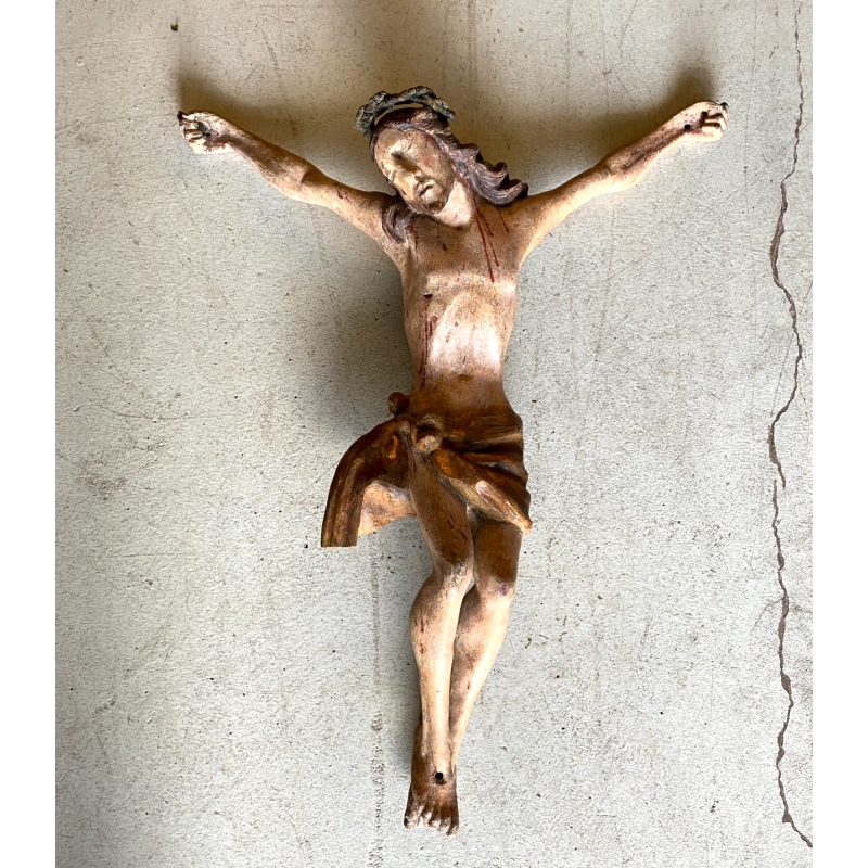 ANTICO CORPUS CHRISTI CRISTO CROCIFISSO 75 cm/h LEGNO SCOLPITO DIPINTO INRI '600