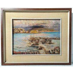 QUADRO ATTR. Davide Minetti DIPINTO MATERICO OLIO TAVOLA MARINA BARCHE BAIA