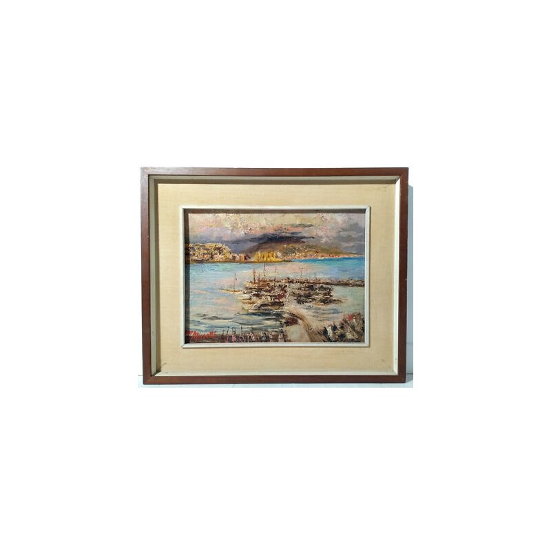 QUADRO ATTR. Davide Minetti DIPINTO MATERICO OLIO TAVOLA MARINA BARCHE BAIA