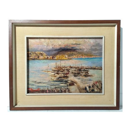 QUADRO ATTR. Davide Minetti DIPINTO MATERICO OLIO TAVOLA MARINA BARCHE BAIA