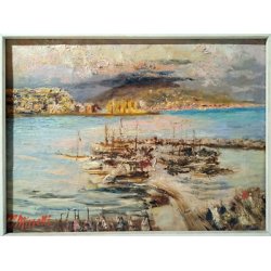 QUADRO ATTR. Davide Minetti DIPINTO MATERICO OLIO TAVOLA MARINA BARCHE BAIA